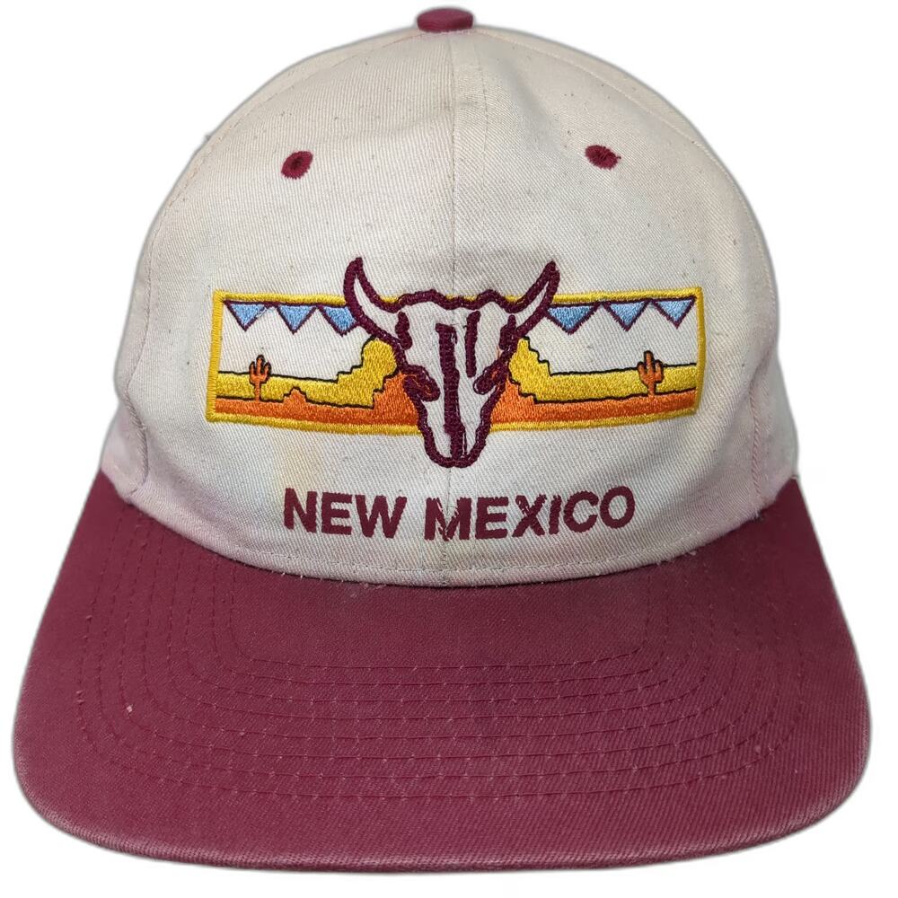 Triangle Snapback Hat White Red One Size New Mexico Bull Skull Desert Cactus